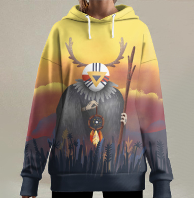 Мистический Шаман с ловцом снов на закате, Hoodie Long Oversize 3D