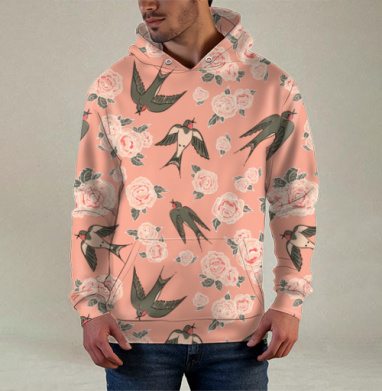 Ласточки и пионы, Худи / Мужская / С карманом / 3D