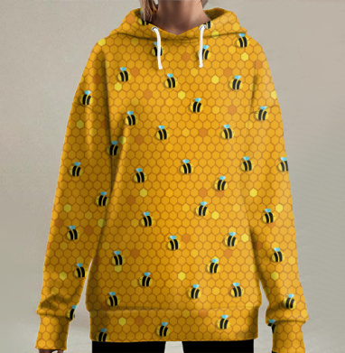 Динамичный узор с пчёлами и сотами, Hoodie Long Oversize 3D