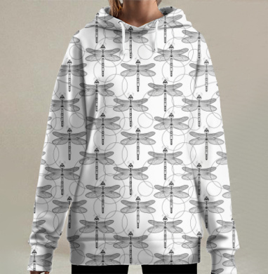 Черно-белые стрекозы графический акцент на природе и стиле, Hoodie Long Oversize 3D