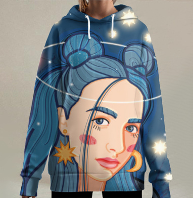 Девушка с синими волосами и звездами над головой синем фоне, Hoodie Long Oversize 3D