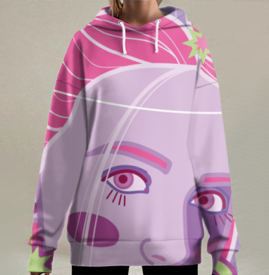Яркий женский портрет в пурпурно розовой гамме живого настроения, Hoodie Long Oversize 3D