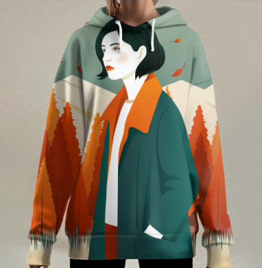 Осенняя прогулка девушки среди лесных просторов, Hoodie Long Oversize 3D