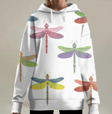 Разноцветные яркие стрекозы на сером фоне для любителей природы, Hoodie Long Oversize 3D