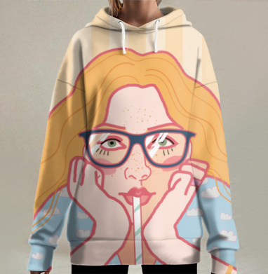Рыжая девушка пьет розовый коктейль на столе, Hoodie Long Oversize 3D