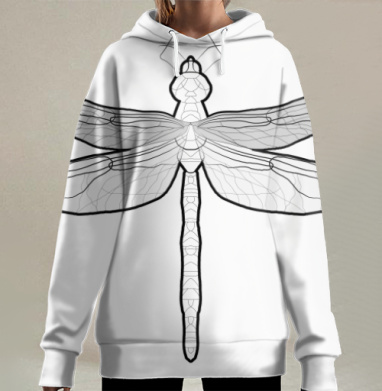 Черно белая стрекоза графический стиль купить, Hoodie Long Oversize 3D