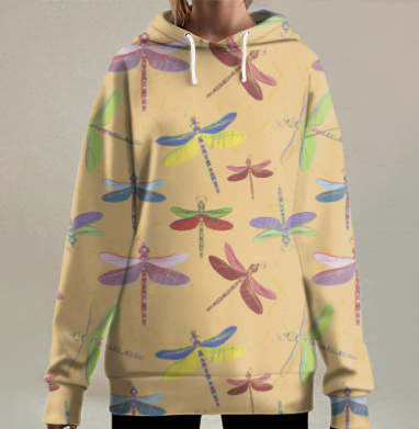 Мягкие разноцветные стрекозы на нежном оранжевом фоне, Hoodie Long Oversize 3D