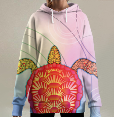 Яркая Морская Черепаха На Радужном Акватическом Фоне, Hoodie Long Oversize 3D