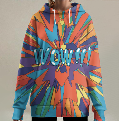 Яркий взрыв энергичных фигур с надписью WOW на голубом фоне, Hoodie Long Oversize 3D