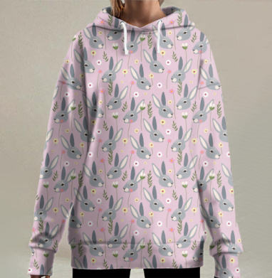 Нежный цветочный узор с милыми кроликами на розовом фоне, Hoodie Long Oversize 3D