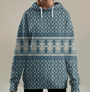 Классический синий бордер с узорами на ткани, Hoodie Long Oversize 3D