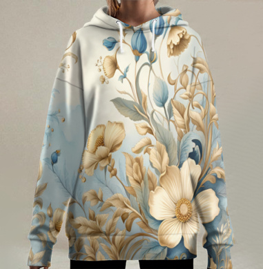 Нежные бежево голубые цветы на фоне нежных цветов, Hoodie Long Oversize 3D