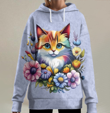 Кот среди цветов в акварельном стиле, Hoodie Long Oversize 3D