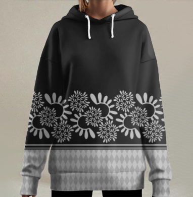 Черно серый орнамент с ромбами в геометрической композиции, Hoodie Long Oversize 3D