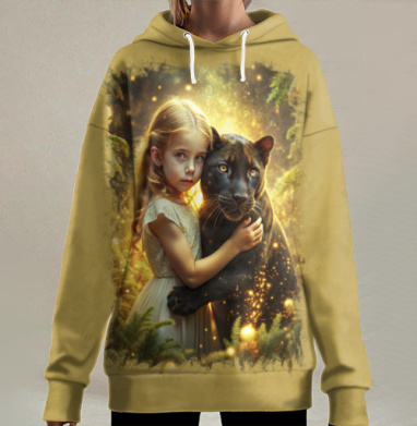 Объятие девочки с пантерой в сказочном лесу, Hoodie Long Oversize 3D