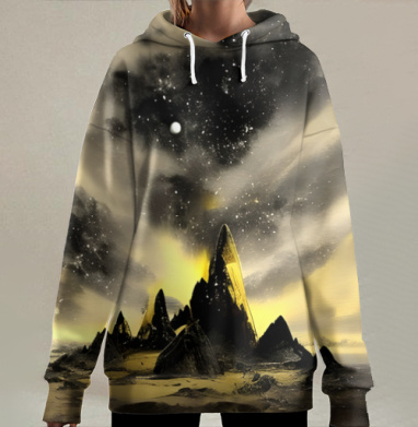Сюрреалистический космический пейзаж с золотым сиянием, Hoodie Long Oversize 3D