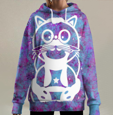 Белый кот на фиолетово голубом фоне космоса, Hoodie Long Oversize 3D