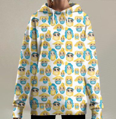 Яркий узор лиц с масками в синих и жёлтых тонах, Hoodie Long Oversize 3D