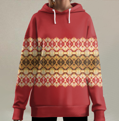 Восточный узор с золотыми деталями на красном фоне, Hoodie Long Oversize 3D