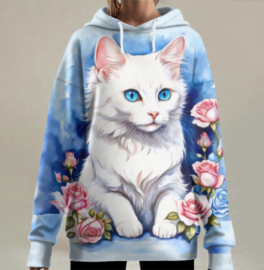 Белый кот среди цветов синих роз на фоне, Hoodie Long Oversize 3D