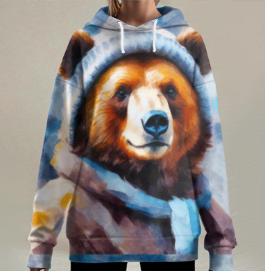 Зимний медведь в вязаной шапке и шарфе, Hoodie Long Oversize 3D