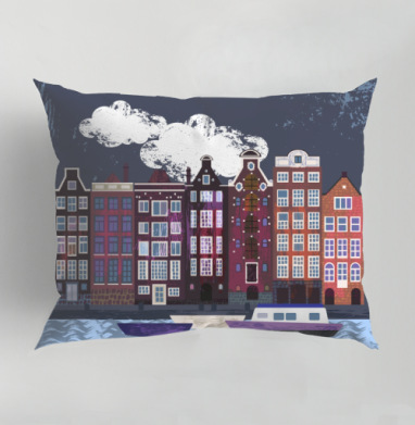 Вечерние дома Амстердама Amsterdam houses на фоне ночного города, Подушка декоративная 50х70 см