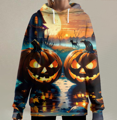 Зловещие тыквы Хэллоуин ночь светящиеся тыквы, Hoodie Long Oversize 3D