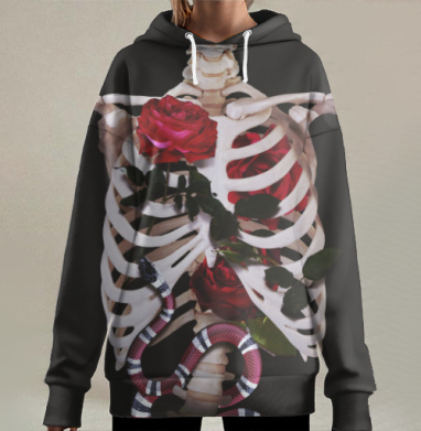 Скелет с красными розами и змеей, Hoodie Long Oversize 3D
