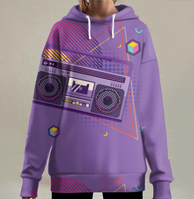 Ретро магнитофон фиолетовый в геометрическом стиле на сером фоне, Hoodie Long Oversize 3D