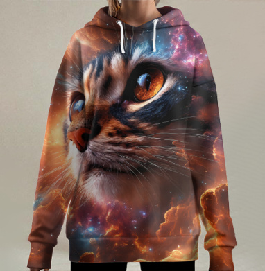 Космическая кошка среди туманностей для ярких эффектов, Hoodie Long Oversize 3D