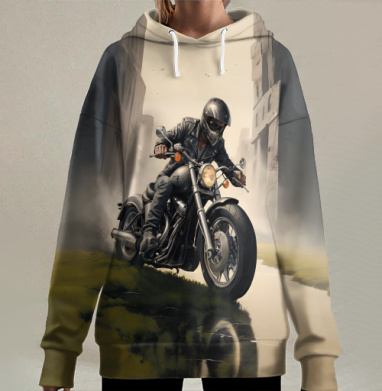 Мотоциклист проезжает сквозь постапокалиптический мир по дороге, Hoodie Long Oversize 3D