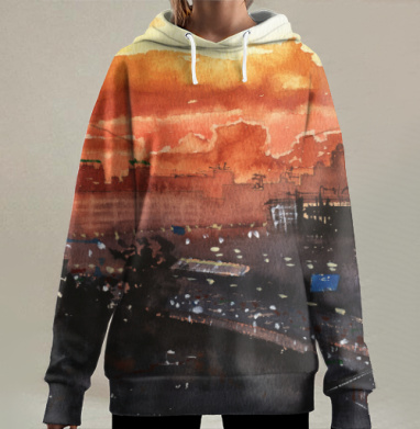 Городская панорама заката с драматичным небом, Hoodie Long Oversize 3D