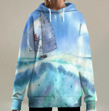 Яхта на гребне мощной волны в океане, Hoodie Long Oversize 3D