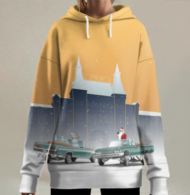 Дедушка Мороз и снеговики на парадном круизе зимой у Кремля, Hoodie Long Oversize 3D
