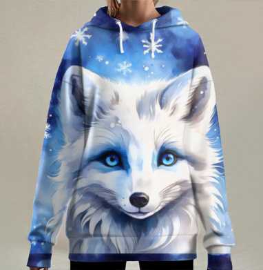 Белая лиса с голубыми глазами на фоне снежинок Белая лиса с голубыми, Hoodie Long Oversize 3D