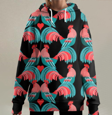 Принт петухи, Hoodie Long Oversize 3D