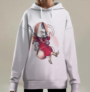 Сюрреалистичная рыбья голова в красном платье золотые ботинки, Hoodie Long Oversize 3D