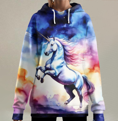 Волшебный единорог в разноцветных облаках акварель, Hoodie Long Oversize 3D