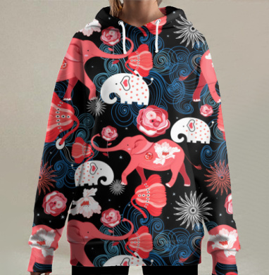 Супер слоны с розами, Hoodie Long Oversize 3D