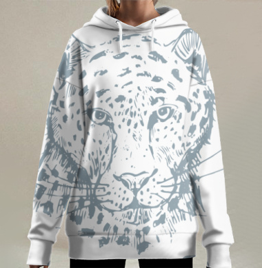Голова леопарда в серо голубых тонах с выразительным взглядом, Hoodie Long Oversize 3D