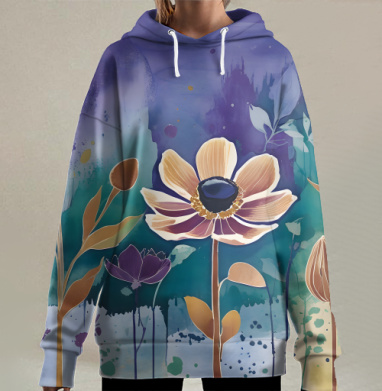 Эстетичная цветочная акварель с золотыми бутонами в сказочном саду, Hoodie Long Oversize 3D