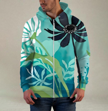 Modern Teal Floral Composition / Абстрактная бирюзовая цветочная композиция, Толстовка мужская на молнии 3Д полная запечатка