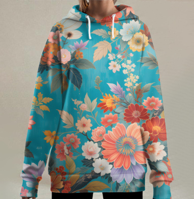 Яркий цветочный узор с бирюзовым фоном для весеннего настроения, Hoodie Long Oversize 3D