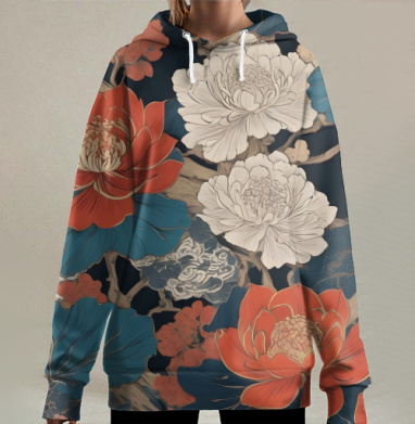 Изящные лотосы и пионы цветут ярко вечно, Hoodie Long Oversize 3D