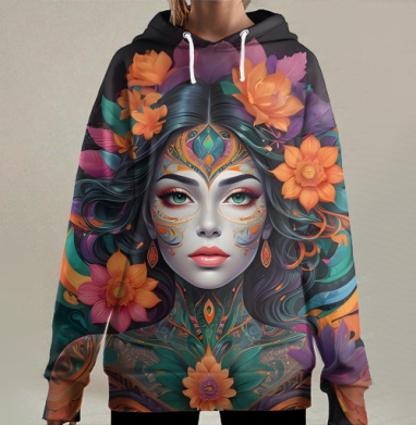 Абстрактный женский портрет с цветами, Hoodie Long Oversize 3D
