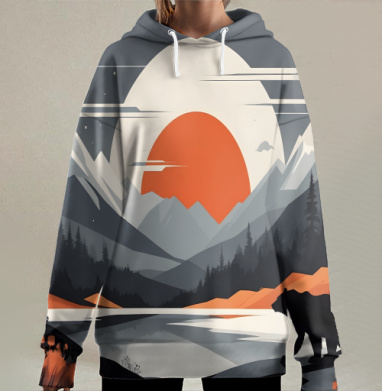 Медведь у горного озера в лучах заката, Hoodie Long Oversize 3D