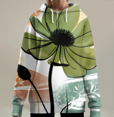 Графичный акварельный цветочек, Hoodie Long Oversize 3D
