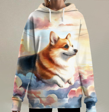 Очаровательный Корги нежно парит в розовых облаках на закате, Hoodie Long Oversize 3D