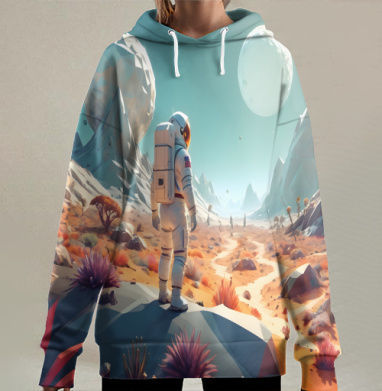 Астронавт исследует загадочный низкополигональный ландшафт Марса, Hoodie Long Oversize 3D