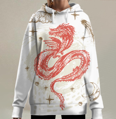 Красный дракон в небе, Hoodie Long Oversize 3D